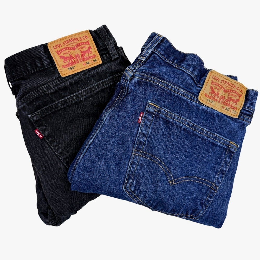(LOT OF 2) Levi's 505 Regular Fit Mens 36x28 Straight Leg Black + Blue Jeans